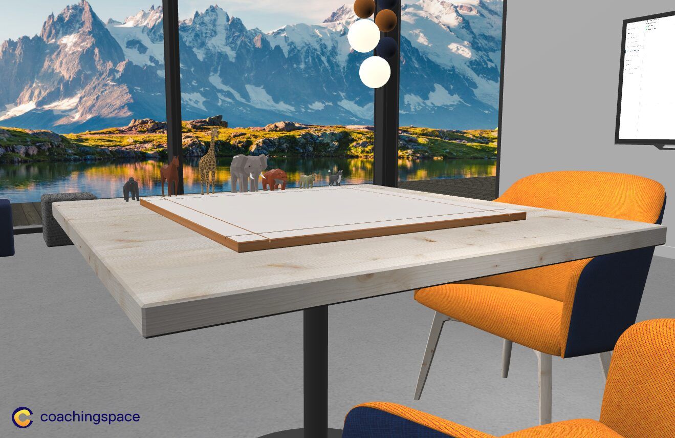 Der 3D-Raum von coachingspace.net: ein Tisch mit Systembrett und Tierfiguren, dahinter ein Bergsee